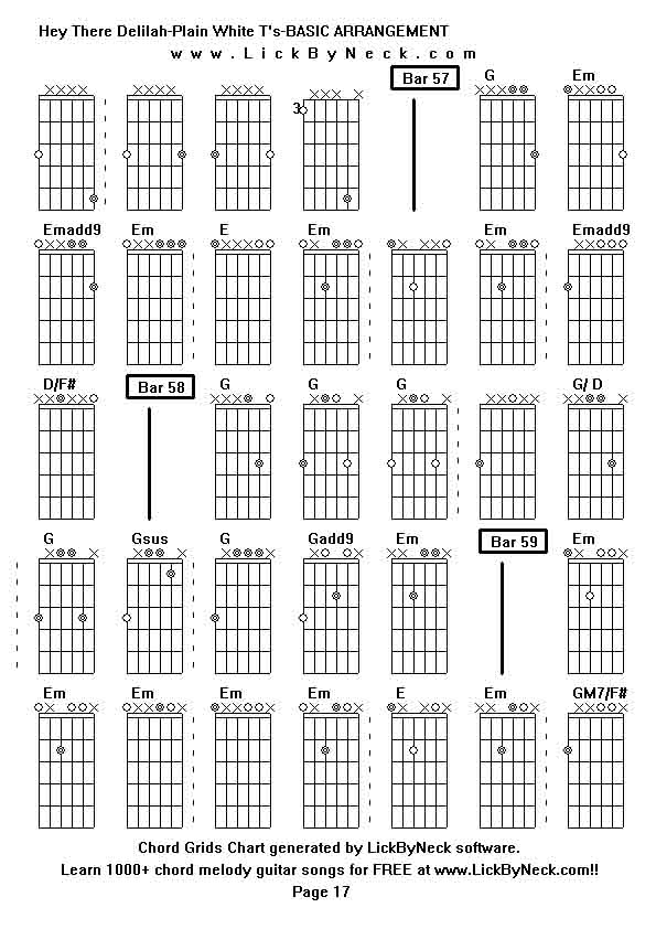 Chord Grids Chart of chord melody fingerstyle guitar song-Hey There Delilah-Plain White T's-BASIC ARRANGEMENT,generated by LickByNeck software.